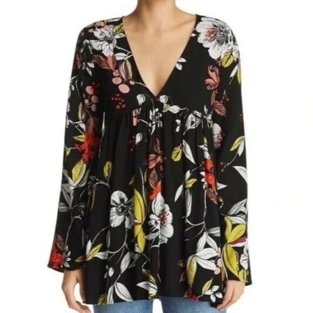Free People Black Floral V-Neck Blouse